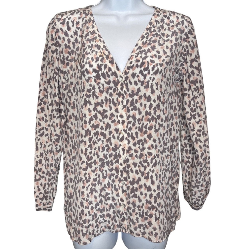 Joie Womens 100% Silk Gray Tan Leopard Print Button Down Blouse Luxe Old Money‎